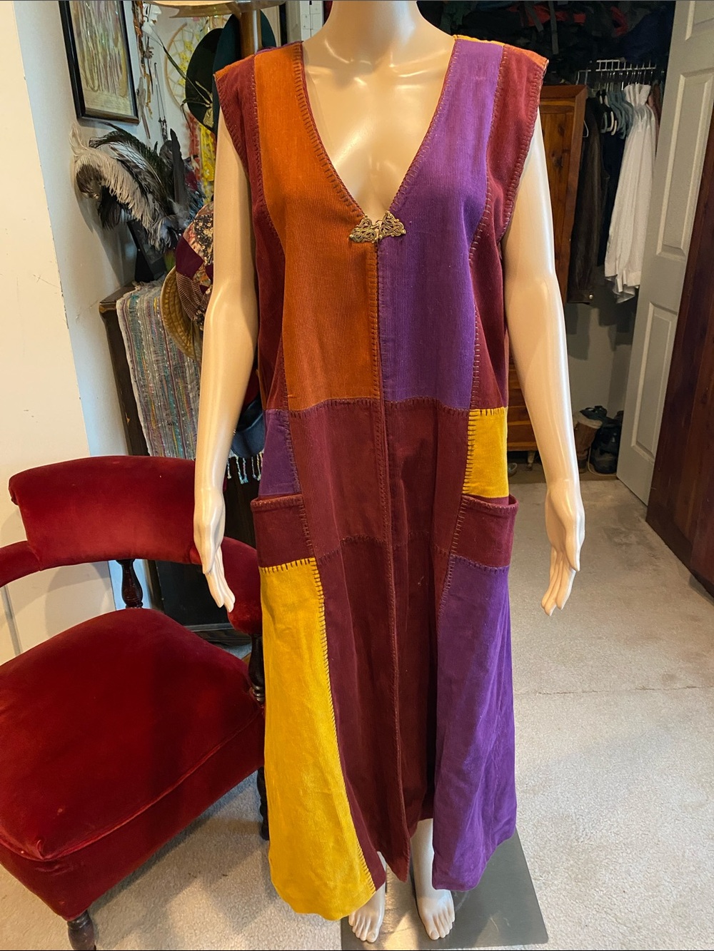 Sleeveless Patchwork Corduroy Vest in Purple, Mustard & Rust
